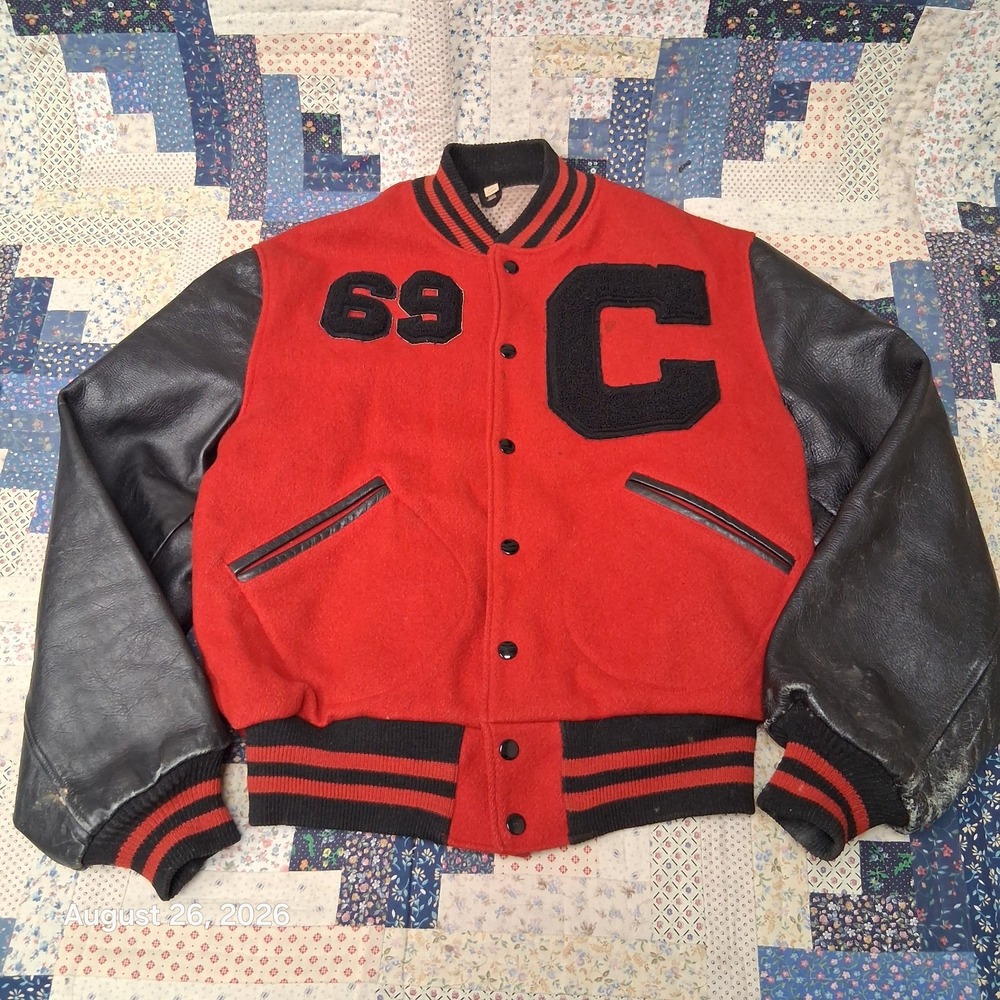 Vintage 60s Butwin Varsity Jacket Mens Large Red Black Wool Leather Letterman